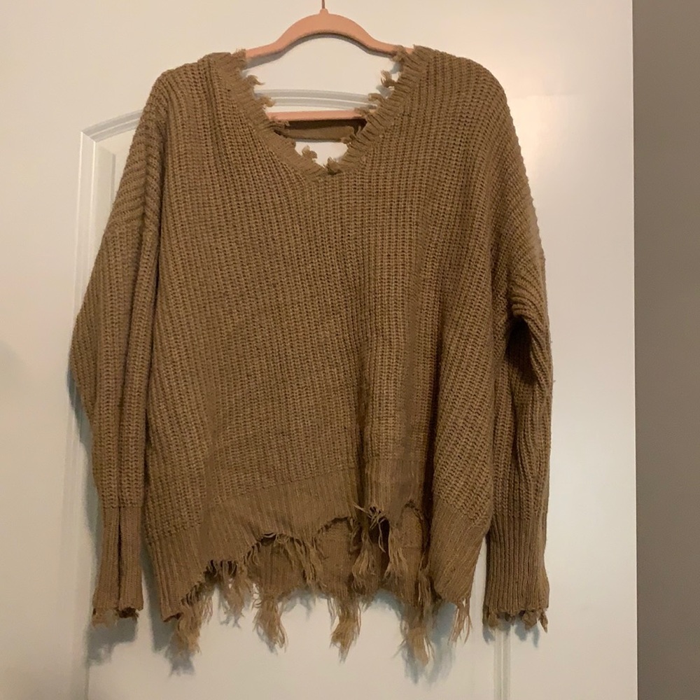 Distressed long sleeved tan sweater